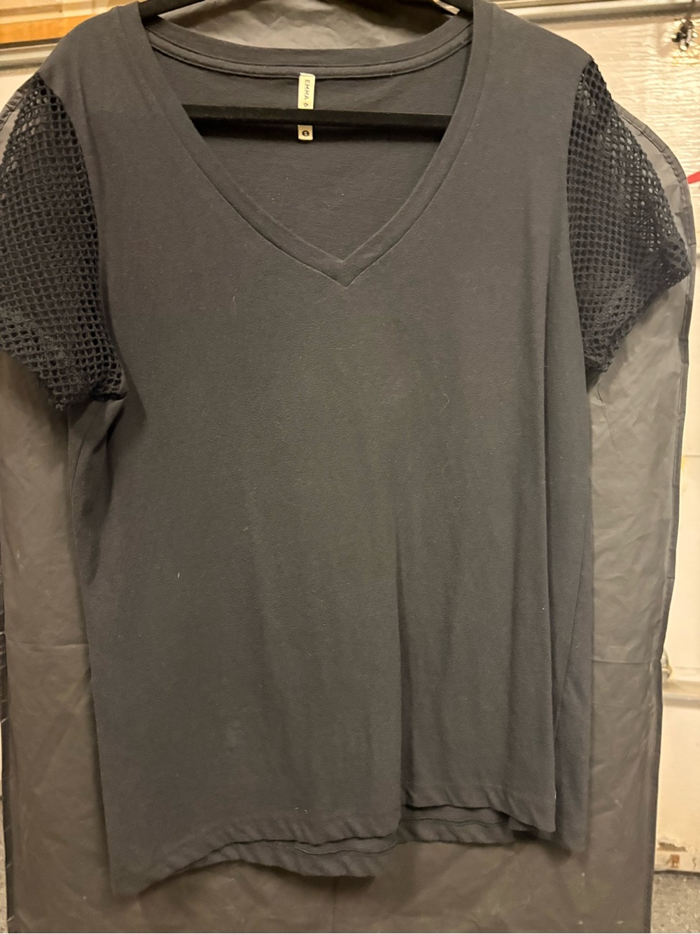 Emma& Sam Women’s Black V‑Neck Top with Mesh Sleeves
